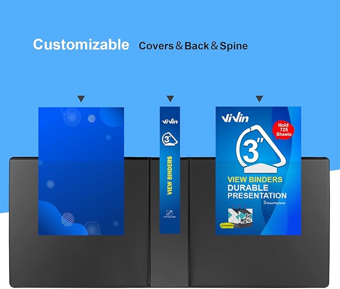 ViVin Durable 3 inch D Ring View Binder, Large 3" Slant-D Ring with 725-Sheet Capacity, Fit 8.5" x 11" Paper, 10 Pack(Black)