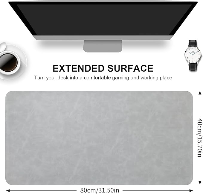 Crazy Horse Leather Desk Mat Large Mouse Pad Laptop Desk Pad Waterproof Non-Slip Table Blotter Desktop Writing Pad for Office and Home (Light Grey, 120x43cm)