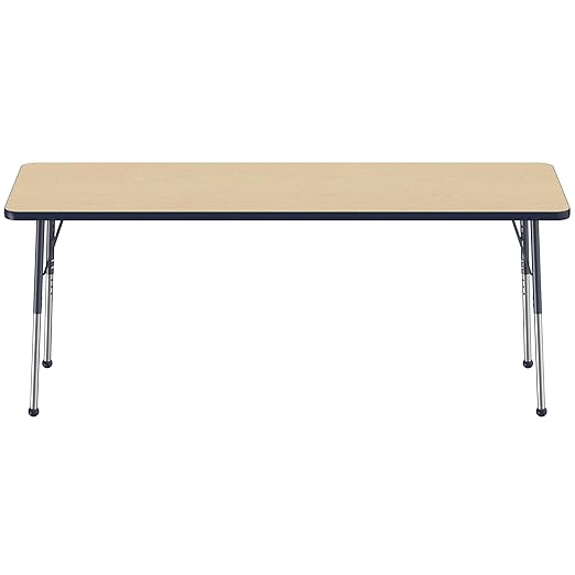 Factory Direct Partners FDP Rectangle Activity School and Office Table (24 x 72 inch), Standard Legs with Ball Glides, Adjustable Height 19-30 inches - Maple Top and Navy Edge