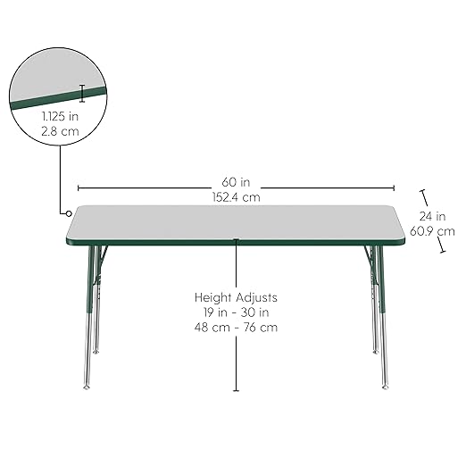 FDP Rectangle Activity School and Office Table (24 x 60 inch), Standard Legs with Swivel Glides, Adjustable Height 19-30 inches - Gray Top and Green Edge