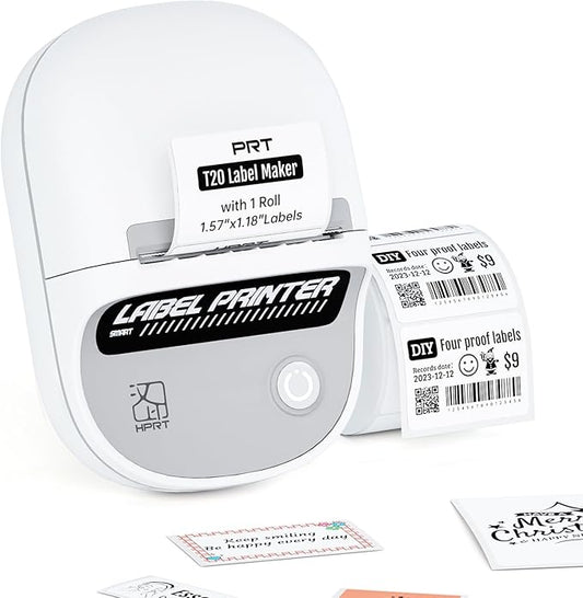 PRT T20 Label Maker Machine with Tape, RFID Auto Identification, Bluetooth Portable Label Printer for Office, Small Business, Home Organization, 2 Inch Thermal Printer Compatible with iPhone, White