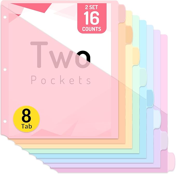 Forvencer 16 Count Dividers with Two Pockets, 8 tabs Binder Dividers for 3 Ring Binder Organizer, Multicolor, 2 Sets