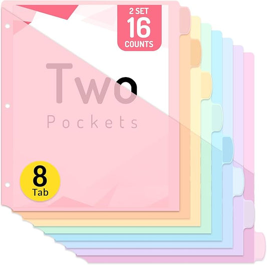 Forvencer 16 Count Dividers with Two Pockets, 8 tabs Binder Dividers for 3 Ring Binder Organizer, Multicolor, 2 Sets
