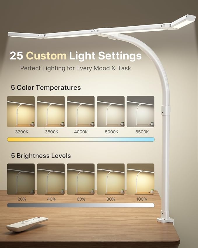 42" LED Desk Lamp with Clamp, Architect Desk Light with Remote, Adjustable 4-Segment Bar, 1800LM Bright, Eye-Caring Desk Lamp for Home Office, Reading, Study, Dual Monitors, Workbench (White)