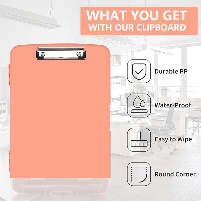 Clipboard with Storage, A4 Binder Nursing Clipboards with Pen Holder, Heavy Duty Storage Clipboards with Low Profile Clip, Clipboard Folder Side-Opening, Smooth Writing Clip Board (Pink Orange)