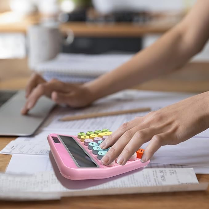 Pink Calculator, Standard Calculator 12 Digit with Large LCD Display and Big Buttons,Pink Office Accessories for Women Desk,Cute Calculator for Office,School, Home,Business(Colorful Pink)