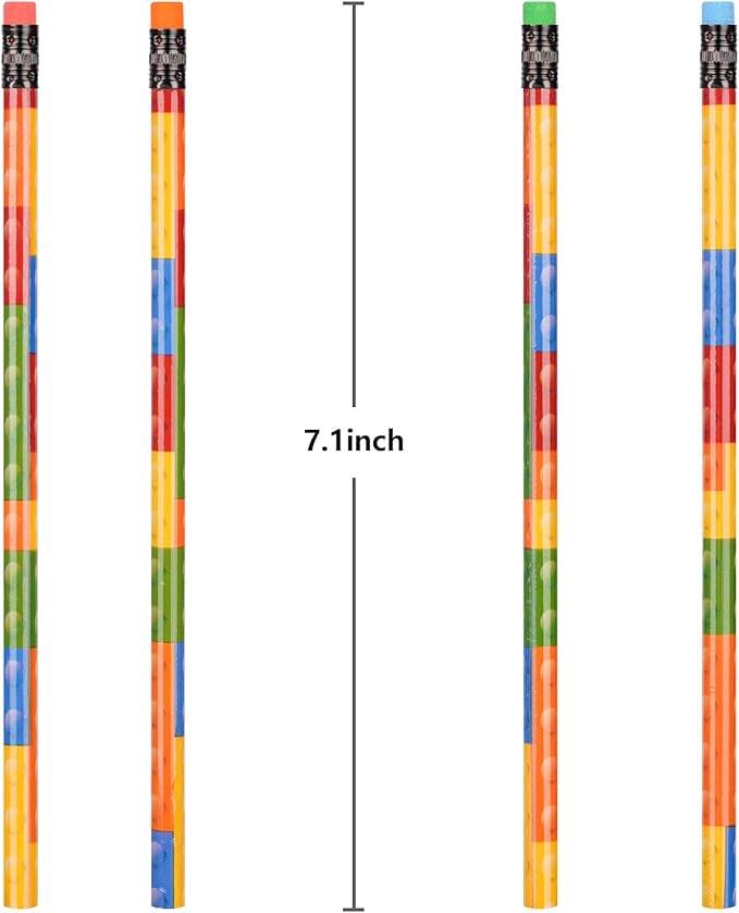Kolewo4ever 100 Pieces Building Block Wood Pencils Colorful Round Pencils with Top Erasers Kids Birthday Goody Bag Bulk Filler for Exams, School, Office, Sketching Learning Activities