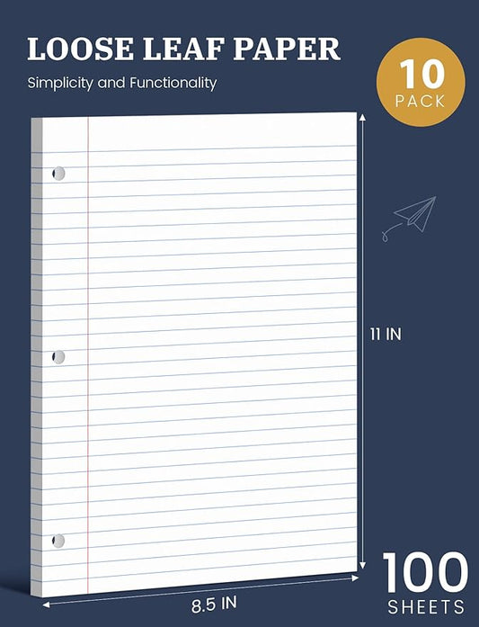 10 Pack Loose Leaf Paper 8.5 x 11, 1000 Sheets Lined Paper for 3 Ring Binders, Wide Ruled Notebook Paper, 3 Hole Punch Binder Paper, 100 Sheets/Pack Filler Paper for Office, School, and Home