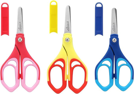 LIVINGO 5" Blunt Kid Scissors: Left/Right Handed Stainless Safety Toddler Preschool Children Scissors, Small School Student Scissors with Cover for Classroom Craft Art, Assorted Color, 3 Pack