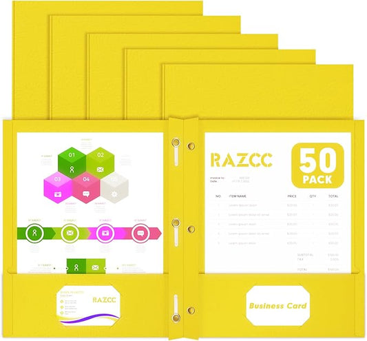 Two Pocket Folders, RAZCC 50 Pack Two Pocket Folders with Prongs, 3 Prong Folders Fit Letter Size Paper, Pocket File Folders for School Office Home Business, Yellow
