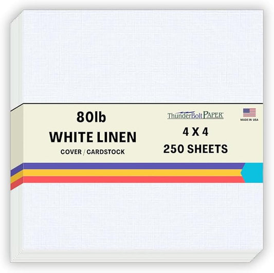 250 Bright White Linen 80# Cover Paper Sheets - 4" X 4" (4X4 Inches) Small Square Card Size - 80 lb/pound Card Weight - Fine Linen Textured Finish - Quality Cardstock