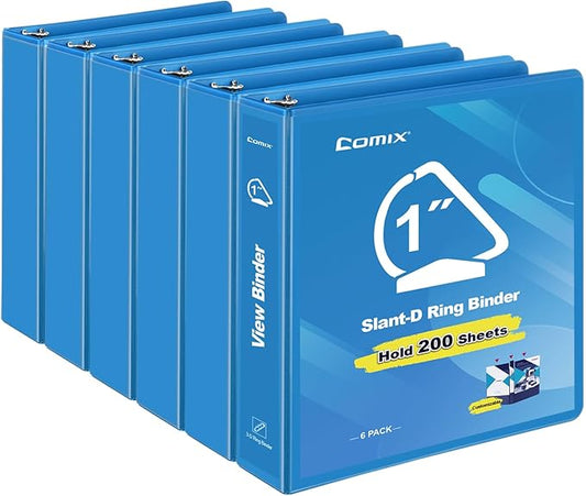 COMIX Sturdy 1 Inch Binders 3 Ring with Clear View Cover, 1" Slant-D Ring View Binder Holds 225 Sheets of US Letter Size Paper, 6 Pack (Light Blue)