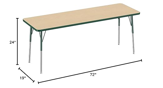Factory Direct Partners FDP Rectangle Activity School and Office Table (24 x 72 inch), Standard Legs with Swivel Glides, Adjustable Height 19-30 inches - Maple Top and Green Edge