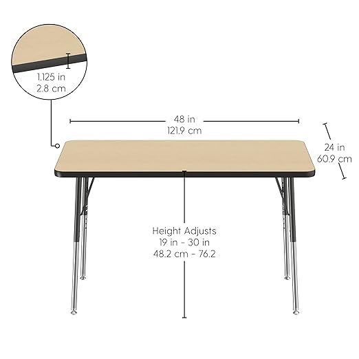 FDP Rectangle Activity School and Office Table (24 x 48 inch), Standard Legs with Swivel Glides, Adjustable Height 19-30 inches - Maple Top and Black Edge