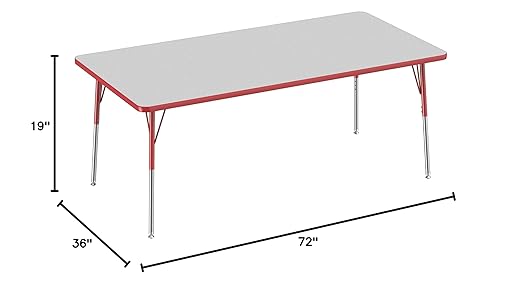 FDP Rectangle Activity School and Office Table (36 x 72 inch), Standard Legs with Swivel Glides, Adjustable Height 19-30 inches - Gray Top and Red Edge