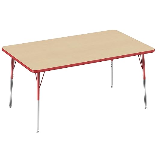 FDP Rectangle Activity School and Office Table (36 x 60 inch), Standard Legs with Swivel Glides, Adjustable Height 19-30 inches - Maple Top and Red Edge