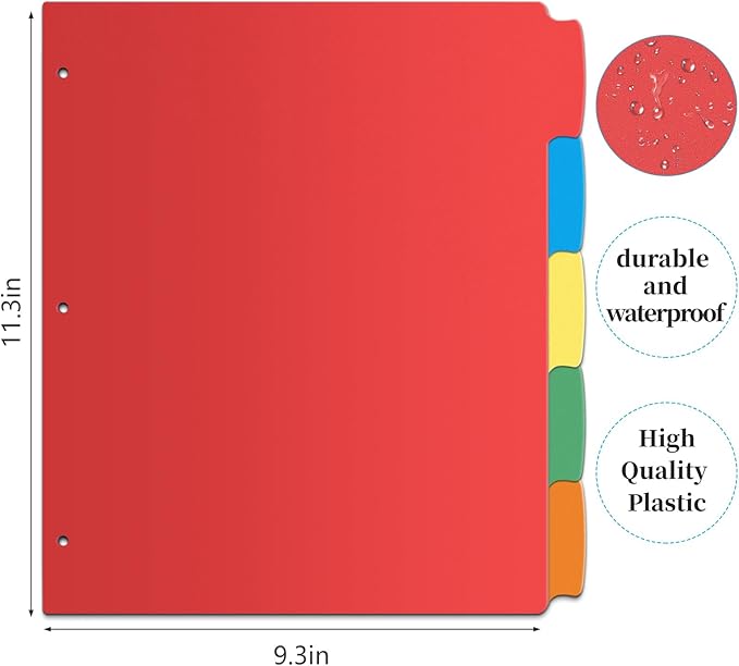 Jyusmile 12 Set Binder Dividers with 5 Tabs, Index Dividers for 3 Ring Binder, Multicolor Plastic Dividers with 3 Punch Holes, 60 Pcs Dividers for School & Office Supplies