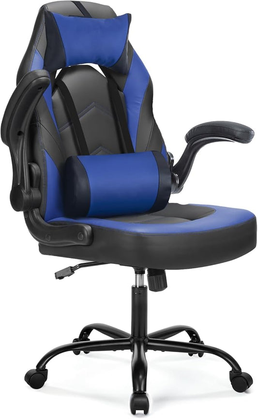 DUMOS Ergonomic Gaming Office Desk Chair with Flip-up Armrests for Adults, Height Adjustable PU Leather Video Game Computer Chair with 360° Rolling Wheels for Home and Office, Royal Blue