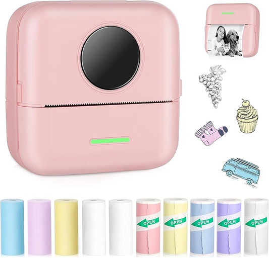 Mini Pocket Bluetooth Printer-Portable Thermal Printer with 5 Roll Papers for Journal/DIY Scrapbook/Travel/Notes/Lists/Label/Memo for Children Women Gifts Kids Christmas iOS&Android