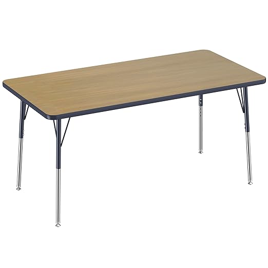 FDP Rectangle (30 x 60 inch) Classroom Table with Adjustable Standard Swivel Glide Legs (19-30 in); School and Office Furniture - Pasadena Oak Top/Navy Edge and Legs
