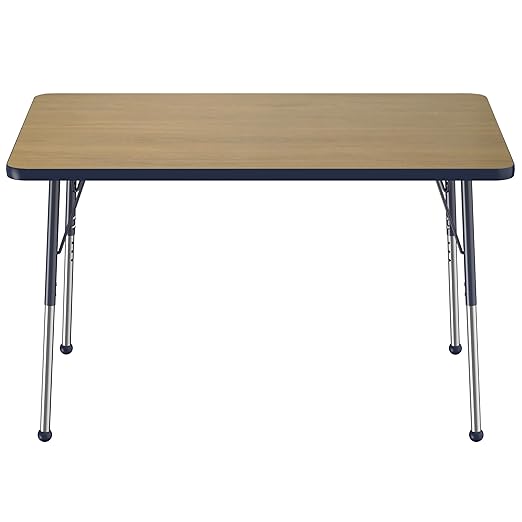 FDP Rectangle (30 x 48 inch) Classroom Table with Adjustable Standard Ball Glide Legs (19-30 in); School and Office Furniture - Pasadena Oak Top/Navy Edge and Legs