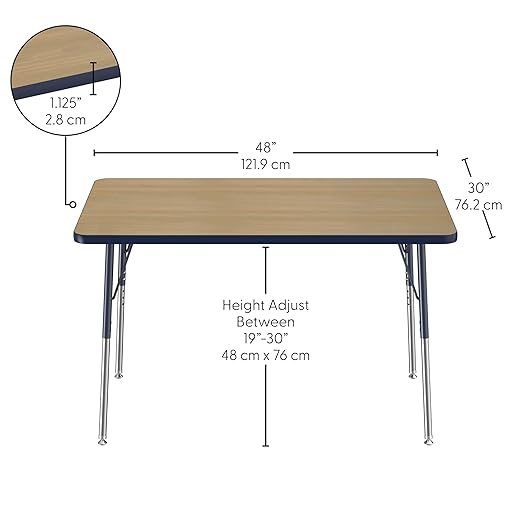 FDP Rectangle (30 x 48 inch) Classroom Table with Adjustable Standard Swivel Glide Legs (19-30 in); School and Office Furniture - Pasadena Oak Top/Navy Edge and Legs
