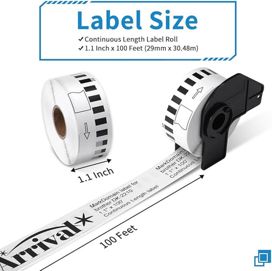 MarkDomain - DK-2210 Label Compatible Brother Continuous Length 1.1" x 100' White Paper Tape Roll (29mm x 30.4M) Work with QL-810W QL-820nwb Printers - 10 Rolls + 1 Frame