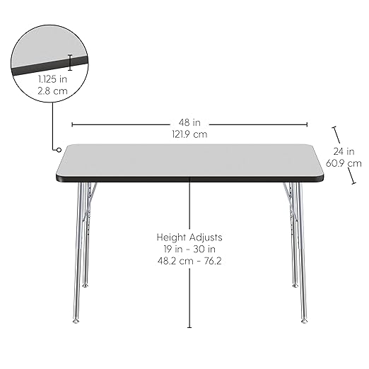 FDP Rectangle Activity School and Office Table (24 x 48 inch), Silver Standard Legs with Swivel Glides, Adjustable Height 19-30 inches - Gray Top and Black Edge