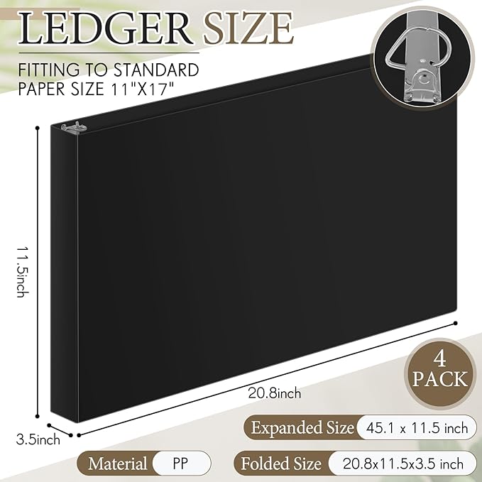 4 Pcs 11 x 17 Inch 3 Ring Binders 3 Inch Rings Heavy Duty View Plastic Flexible D Ring Binders Economy Holds 11" x 17" Paper for Artwork Blueprints, Office, Home, Work Places(Black)