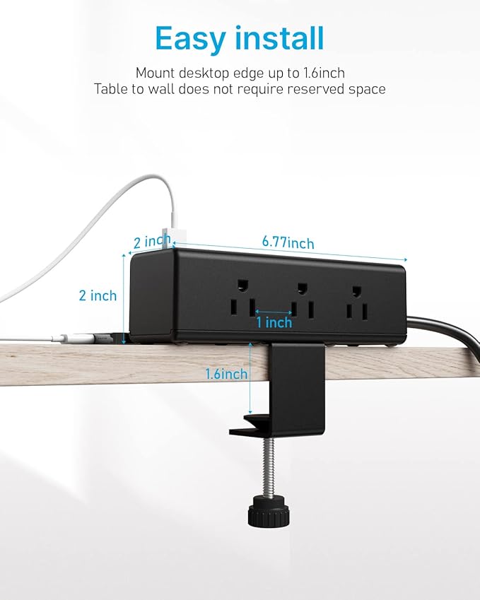 CCCEI Desk Clamp Power Strip with 9 Outlets, Desktop Edge Mount Surge Protector with USB-A and 45W USB-C Ports, Widely Spaced Desk Outlet Fast Charging Station, 10 FT Flat Plug, Fit 1.6 inch Table.