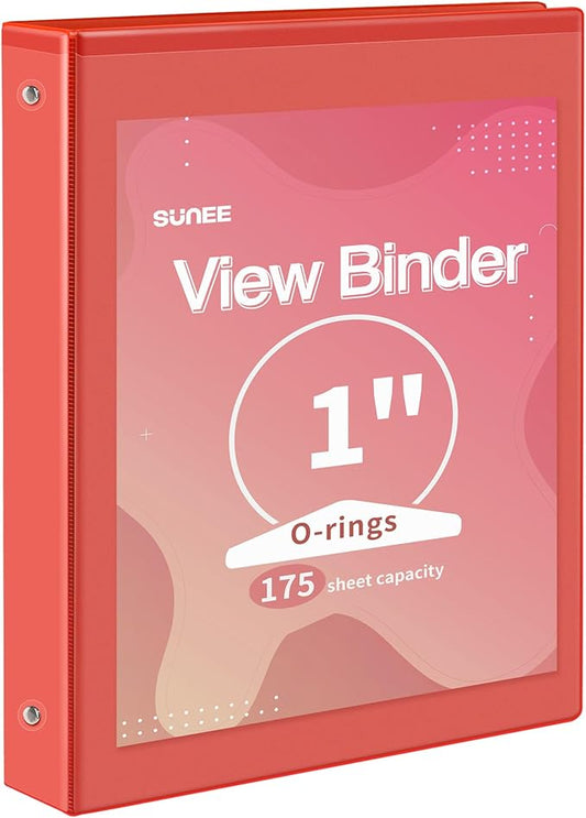 SUNEE 3 Ring Binder 1 Inch 1 Pack, Clear View Three Ring PVC-Free (Fit 8.5x11 Inches) for School or Office Supplies, Red