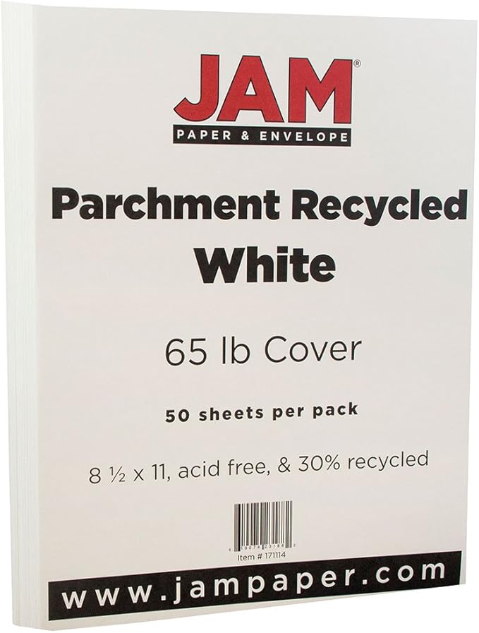 JAM PAPER Parchment 65lb Cardstock - 8.5 x 11 Coverstock - 176 gsm - White Recycled - 50 Sheets/Pack