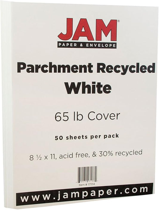 JAM PAPER Parchment 65lb Cardstock - 8.5 x 11 Coverstock - 176 gsm - White Recycled - 50 Sheets/Pack