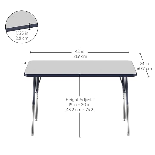FDP Rectangle Activity School and Office Table (24 x 48 inch), Standard Legs with Swivel Glides, Adjustable Height 19-30 inches - Gray Top and Navy Edge