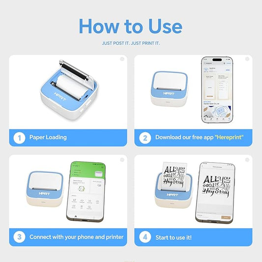 HPRT Mini Printer Sticker Maker with 1 Rolls Paper, Bluetooth Portable Thermal Printer, Study Printer for Pictures, Study Notes, Kid's DIY Creation, Memo, List,Compatible with Phone, Blue