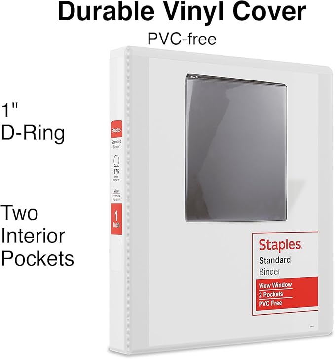 Staples 3-Ring Binder, 1 Inch D-Ring Organizer for Home, Office, School, Holds up to 220-Sheets, 12-Pack, White