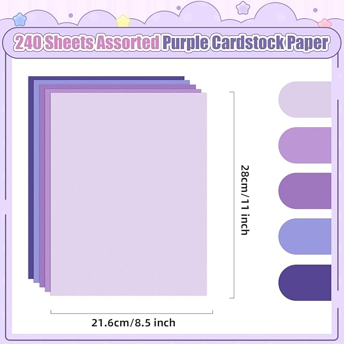 MixTeach 240 Sheets Assorted Purple Cardstock Paper 8.5 x 11" Medium Thick Card Stock 180gsm/65lb Printable Kraft Paper for Scrapbooking, Card Making, Invitations, DIY Art Craft Supplies
