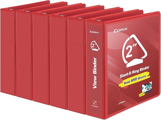 COMIX Sturdy 3 Ring Binder 2 inch with Clear View Cover, 2" Slant-D Ring View Binder Holds 500 Sheets of US Letter Size Paper, 6 Pack (Red)