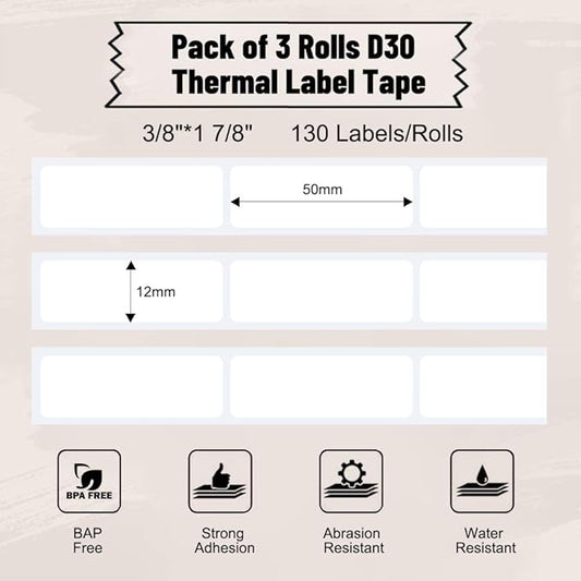 Phomemo D30 Label Tape, for D30 D35 Q30 Q30S Q31 Q32 Label Maker, Black on White Sticker Thermal Paper Self-Adhesive, 12 x 50mm (3/8 x 17/8) 130 Tapes/Roll, 3-Roll