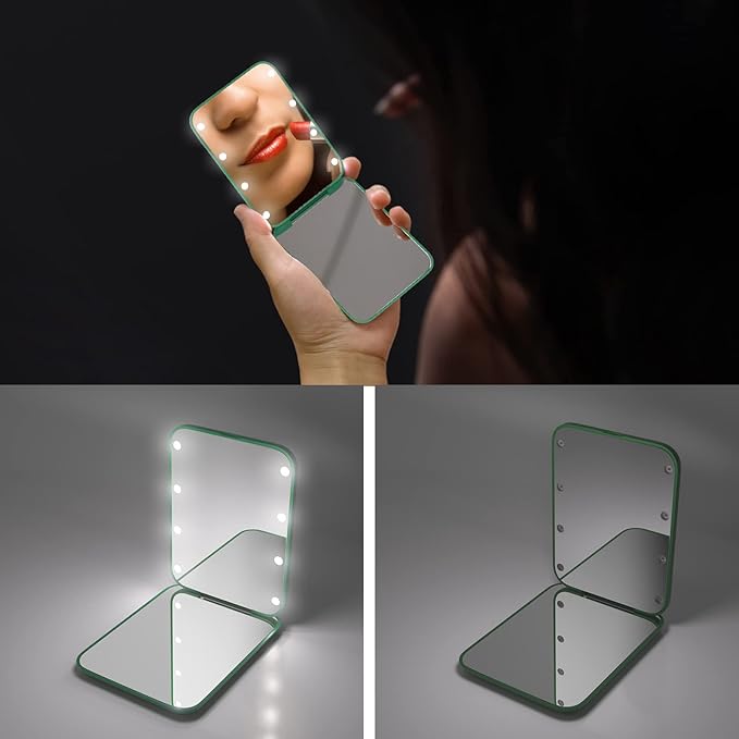 Kintion Pocket Mirror, 1X/3X Magnification LED Compact Travel Makeup Mirror with Light for Purse, 2-Sided, Portable, Folding, Handheld, Small Lighted Mirror for Gift, Green