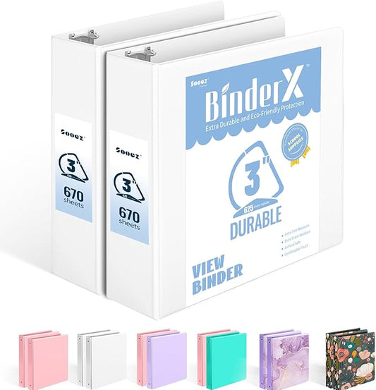 Sooez BinderX Extra Durable 2 Pack 3 Inch 3 Ring Binder, D-Ring Large Binder, Each Holds 670 Sheets of 8.5x11 Paper, Customizable View Cover with Inside Pocket