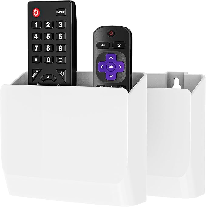 WALI Remote Control Holder Wall Mount, TV Remote Wall Holder Pocket, Bedside Shelf, 5 Inch Hole-Free, for 2 or 3 Media Controls (WMH001-W)
