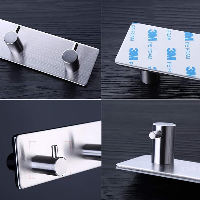 Self Adhesive Stainless Steel Hooks, Wall Mounted Heavy Duty Hanger, Key Rack Towel Hooks for Bathroom, Living Room, Kitchen (2 Hooks)