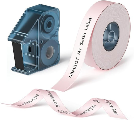 NIIMBOT N1 Satin Ribbon Set, Only for N1 Label Maker, for Gift, Wedding, Party, Craft Wrapping, DIY, Pink Satin Ribbon(14mm x 5.1m) with Black Ribbon(14mm x 6.2m)