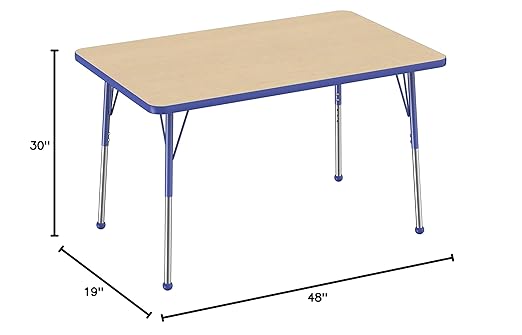 FDP Rectangle Activity School and Office Table (30 x 48 inch), Standard Legs with Ball Glides, Adjustable Height 19-30 inches - Maple Top and Blue Edge