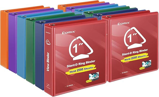 COMIX Sturdy 1 Inch Binders 3 Ring with Clear View Cover, 1" Slant-D Ring View Binder Holds 225 Sheets of US Letter Size Paper, 12 Pack (Multicolored)