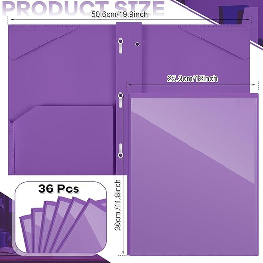 Henoyso 36 Pcs Plastic Folder with Clear Front Pocket and 3 Prong Plastic Folders with Card Slot Pocket Folders with Prongs for School Office (Purple)