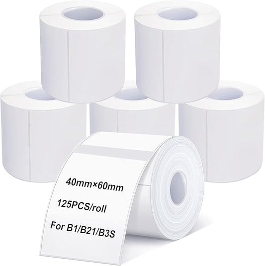 Labels Tape, 6 Rolls(750PCS) Thermal Label Sticker for B21/B3S/B1 Printer Waterproof Sticker Paper Business Shipping Address Labeling Replacement with Self-Adhesive (40 x 60mm-125PCS)