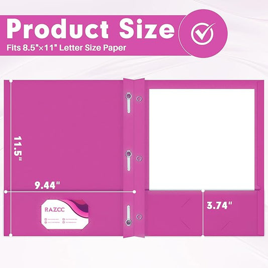 Two Pocket Folders, RAZCC 50 Pack Two Pocket Folders with Prongs, 3 Prong Folders Fit Letter Size Paper, Pocket File Folders for School Office Home Business, Rose Purple