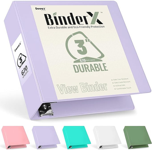 Sooez BinderX Extra Durable 3 Inch 3 Ring Binder, D-Ring Large Binders, Holds 670 Sheets of 8.5x11 Paper, Customizable View Cover with 2 Inside Pockets, School & Office Supplies, Lavender